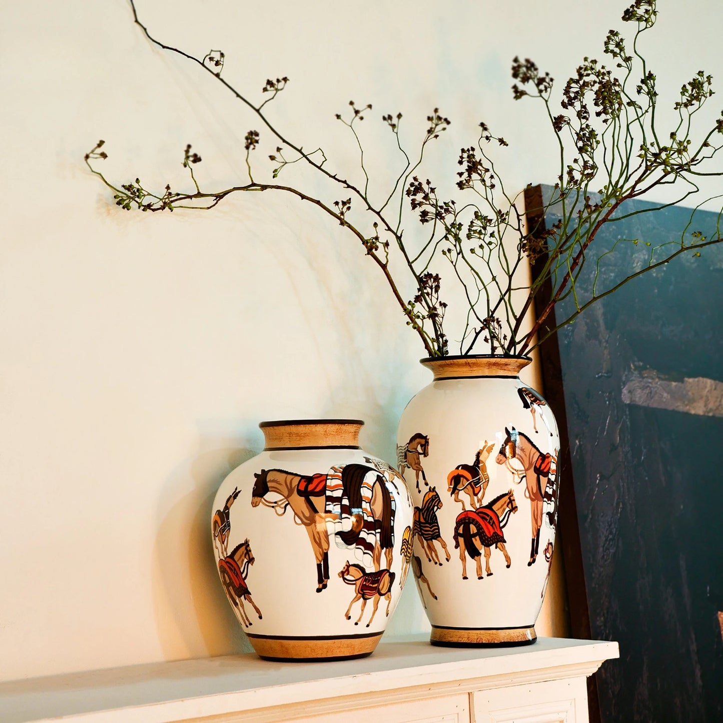 Ceramic Vase Hand-painted Horse Pattern Chinese-style Retro Bottle Flowerpot Porcelain Handicrafts Home Decoration Terrarium