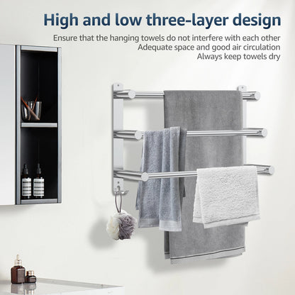 Bathroom 3 Tier Towel Shelf Stainless Steel Towel Rack with Bar Space Saving Towel Hangers Bath Storage Wall Mounted Organizer