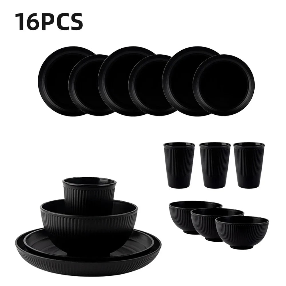 16Pcs Reusable Plastic Tableware Set Including Plates Bowls and Cups Suitable for Family Picnics and School Supplies