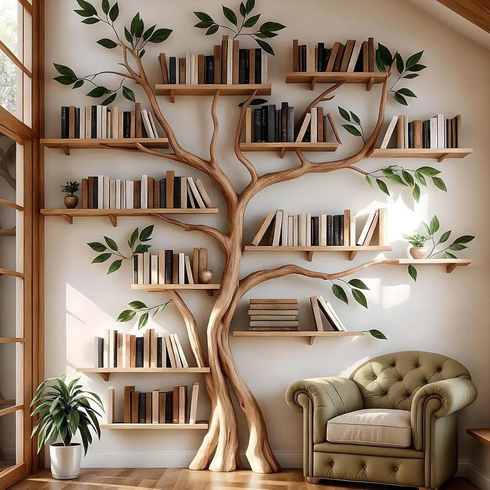 Solid Wood Tree Branch Style Bookshelf for Home Office, White, Easy to Assemble