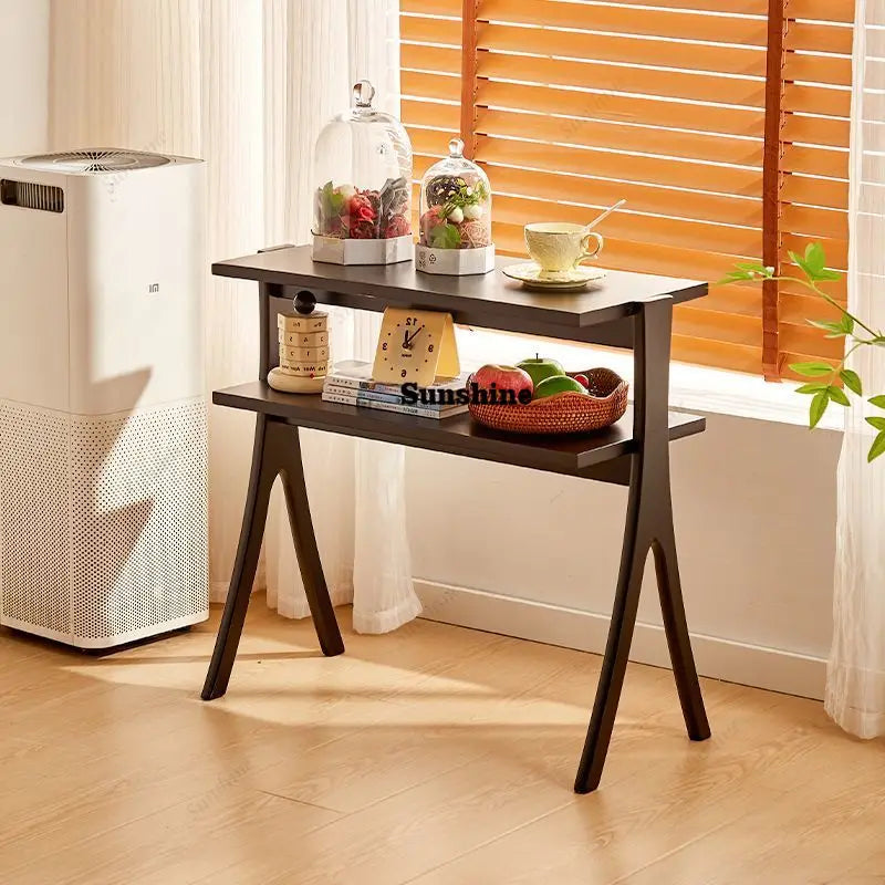 Vintage Solid Wood Side Table & Bookshelf Set: Mid-Century Herringbone Flower Stand, Minimalist Study Table