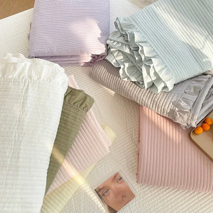 Korean Style Quilted Double Bed Cover and Pillowcase 100% Cotton Ruffles Comfortable Queen Size Bedspread Set Soft Home Coverlet