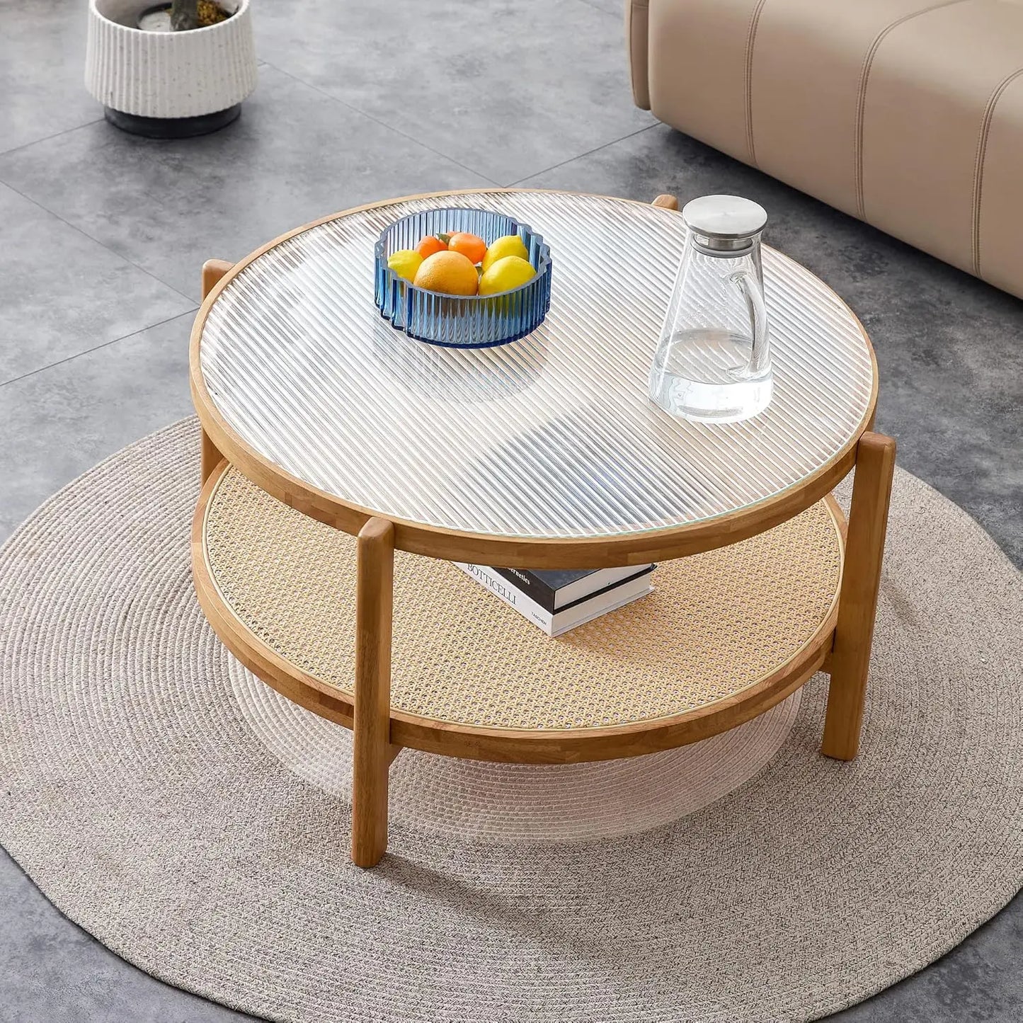 Solid Wooden Coffee , Modern Small Rattan Coffee Table with 2-Tier Storage Shelf, Rectangle Tea with Tempered Glass T