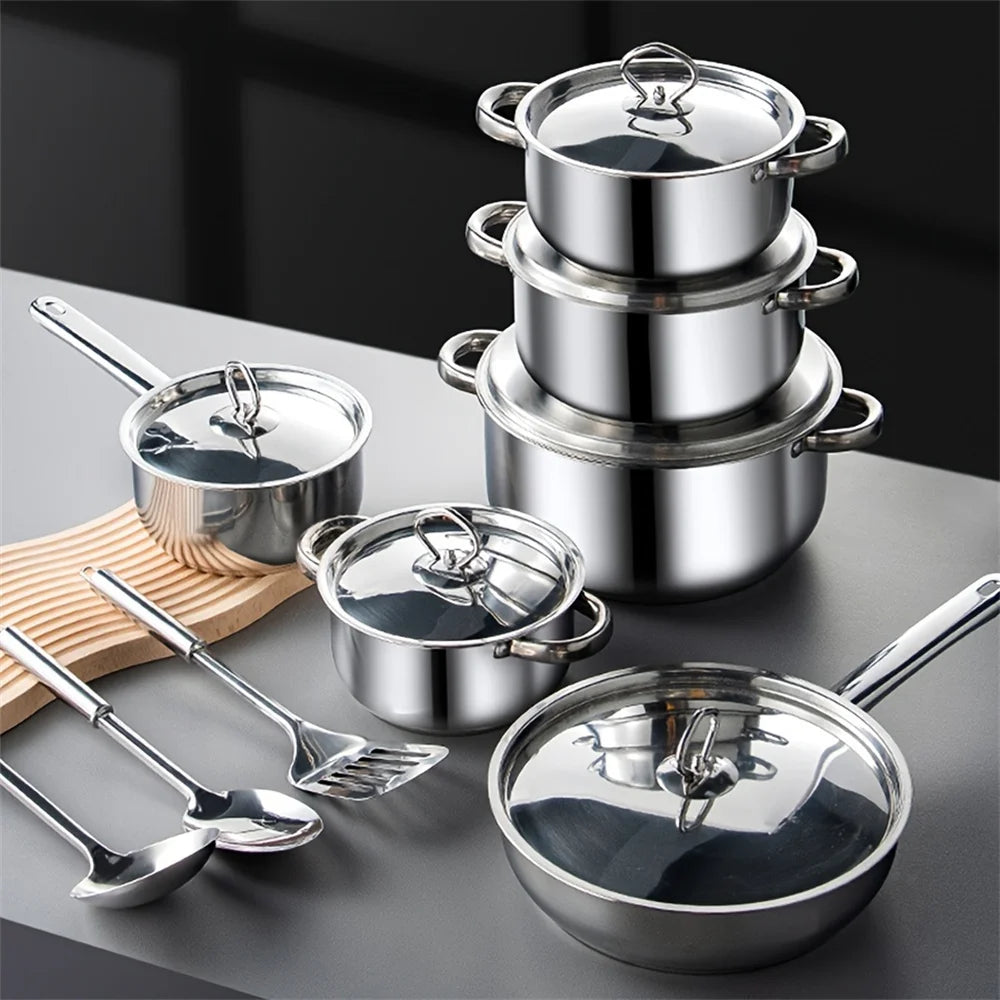 Stainless steel cookware set with lid, cooking spatula, soup spoon, complete set of kitchen utensils, multifunctional