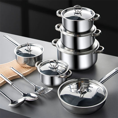 Stainless steel cookware set with lid, cooking spatula, soup spoon, complete set of kitchen utensils, multifunctional