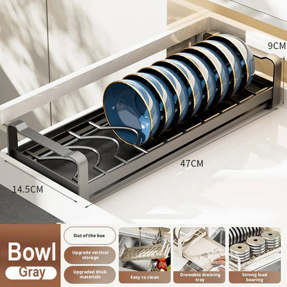 Pull Out Cabinet Dish Storage Rack Stainless Steel Plate Drain Stand Holder Kitchen Drawer Built-in Bowl Rack Basket Organizer