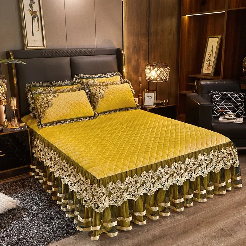 Gold Embroidery Velvet Quilted Thicken Bedspread Queen King Size Soft Warm Lace Ruffle Bed Skirt 2 Pillowcases 200x220 Green