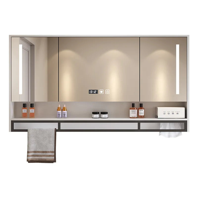 Bathroom Mirror Cabinet Wall Mounted LED Waterproof Aluminum Medicine Cabinet with Storage Shelf Towel Rod for Home Bathroom
