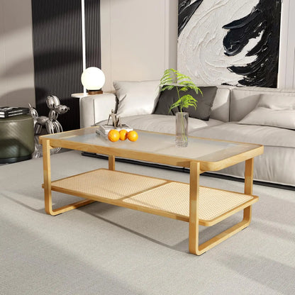 Solid Wooden Coffee , Modern Small Rattan Coffee Table with 2-Tier Storage Shelf, Rectangle Tea with Tempered Glass T