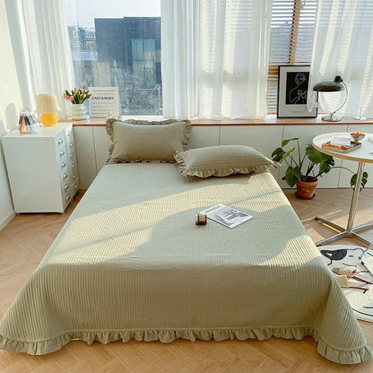 Korean Style Quilted Double Bed Cover and Pillowcase 100% Cotton Ruffles Comfortable Queen Size Bedspread Set Soft Home Coverlet