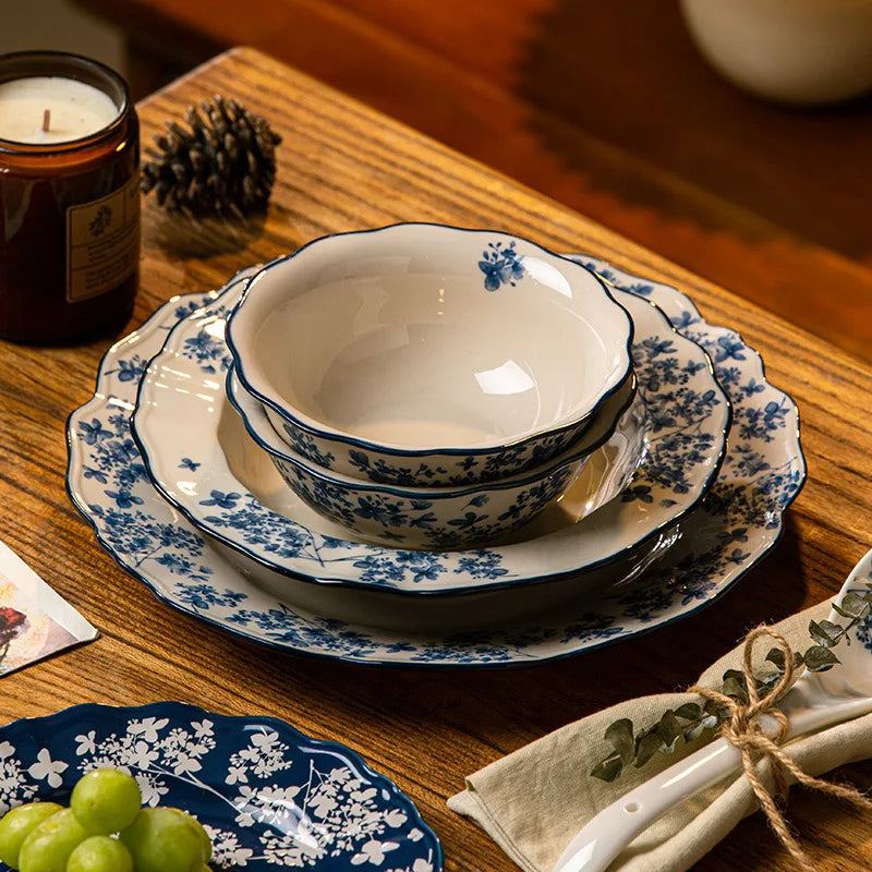 High-end Ceramic Dinnerware Set Chinese Style Rice Bowls Plates Dishes Glaze Color Soup Bowls