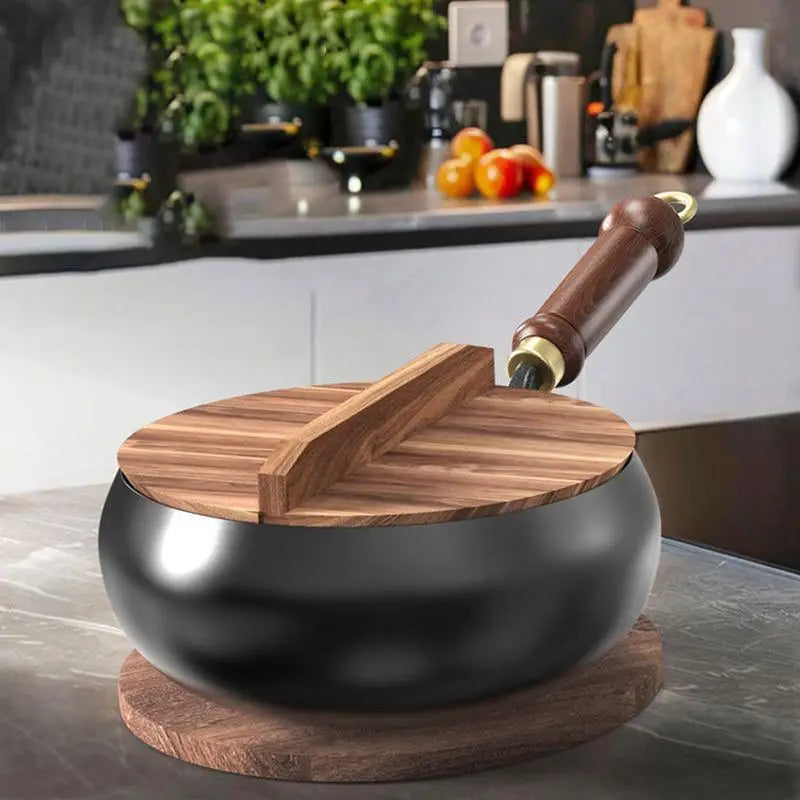 Chinese Flat Bottom frying pan Big Belly Non-stick Pan Without Coating Deep Iron Pot with Wooden pot lid 24cm Diameter Stir-Fry