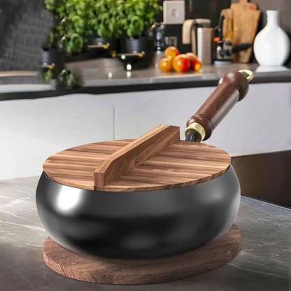Chinese Flat Bottom frying pan Big Belly Non-stick Pan Without Coating Deep Iron Pot with Wooden pot lid 24cm Diameter Stir-Fry