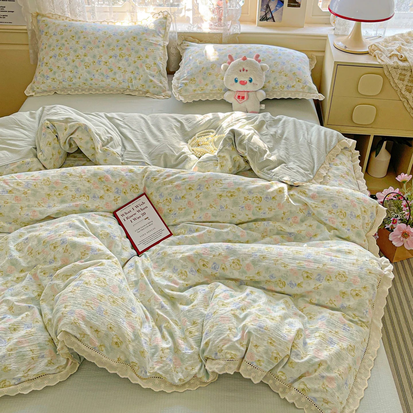 INS Princess Bedding Set Ruffle Lace Quilt Cover Romantic Bedclothes Woman Girls Home Decor Duvet Cover Set Korean Style Floral