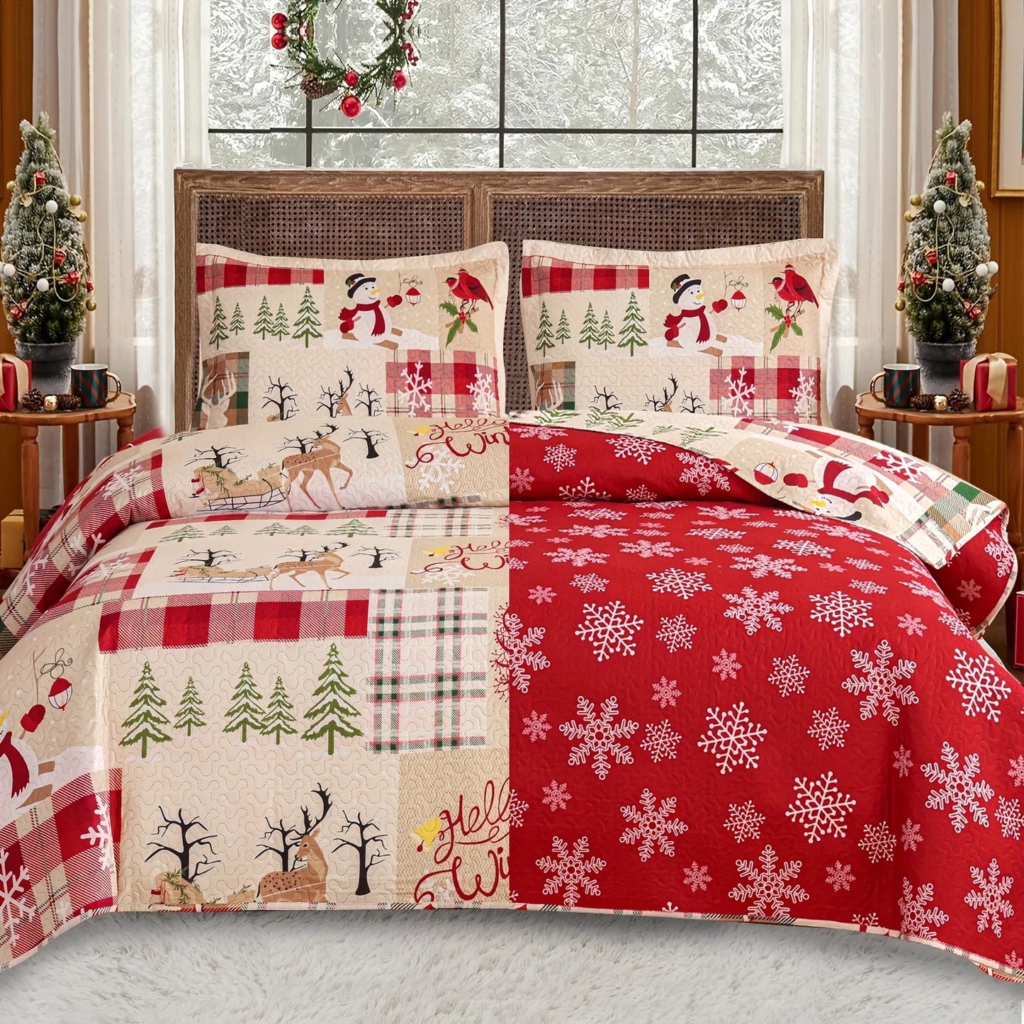 Christmas Quilt Cover Set Twin/Queen/King Size - Soft 100% Microfiber Lightweight Bedspread Coverlet with Festive Reindeer