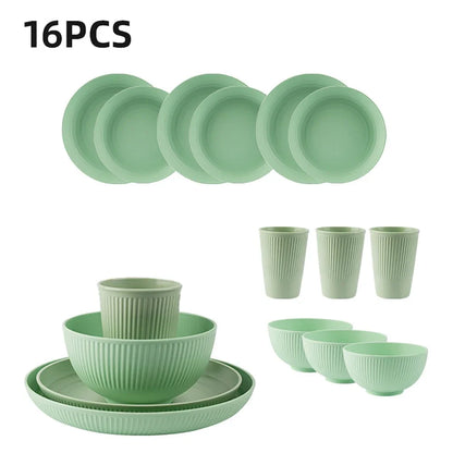 16Pcs Reusable Plastic Tableware Set Including Plates Bowls and Cups Suitable for Family Picnics and School Supplies
