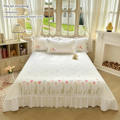 Quilt Bedding Set,white Lightweight Soft Bedspread, embroidery tulip Coverlet Set for All Seasons,3 Piece(1 Quilt,2 Pillow Shams