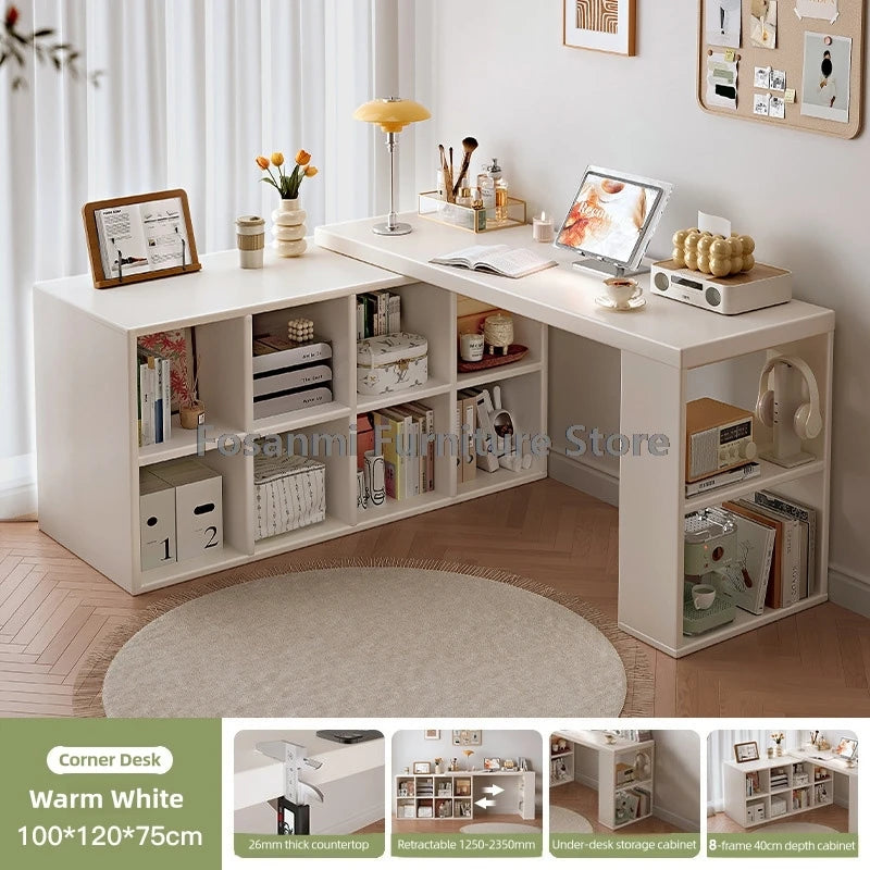 Multifunctional Adjustable White Desk with Storage Cabinet Modern Extendable Table for Bedroom Office Room Simple Corner Desks