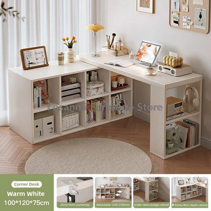 Multifunctional Adjustable White Desk with Storage Cabinet Modern Extendable Table for Bedroom Office Room Simple Corner Desks