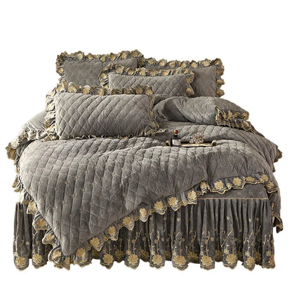 AI WINSURE-Luxury Embroidery Velvet Bedding Set, Quilted Skirted Bedspread with 2 Pillowcases, Queen Double Bed Duvet Cover, 4PC