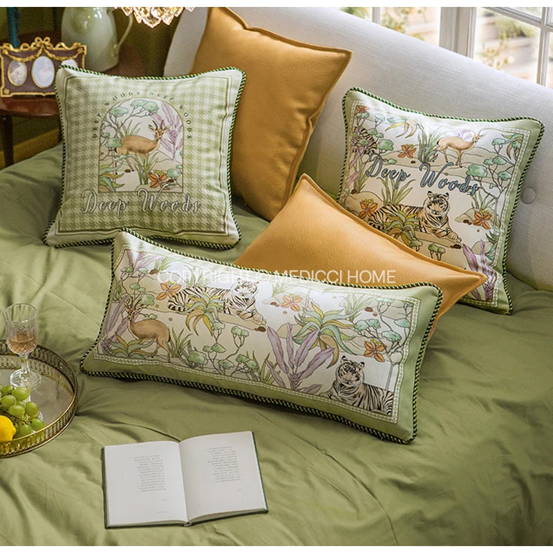 Medicci Home American Rural Madrigal Lumbar Pillow Cover Watercolor Tiger Deer Animals Print Luxury Rectangle Cushion Case 30x70