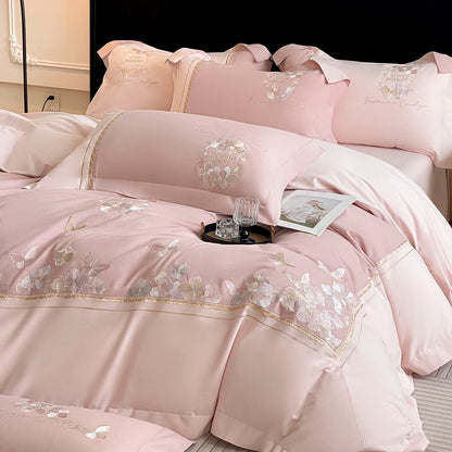 Butterfly Embroidery Bedding Set Luxury 4pcs Egyptian Cotton Duvet Cover Set Flat/Fitted Bed Sheet Pillowcases Home Textiles