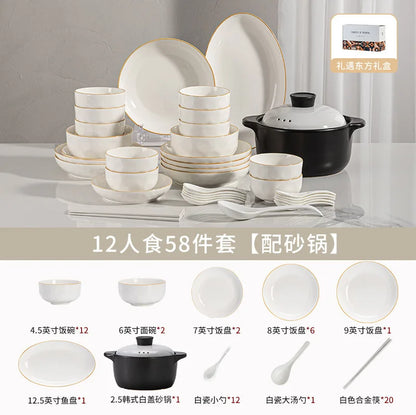korean style white plates dinner sets ceramic gold rim 8 person dinner sets full set Casserole vajillas completa Bowl set