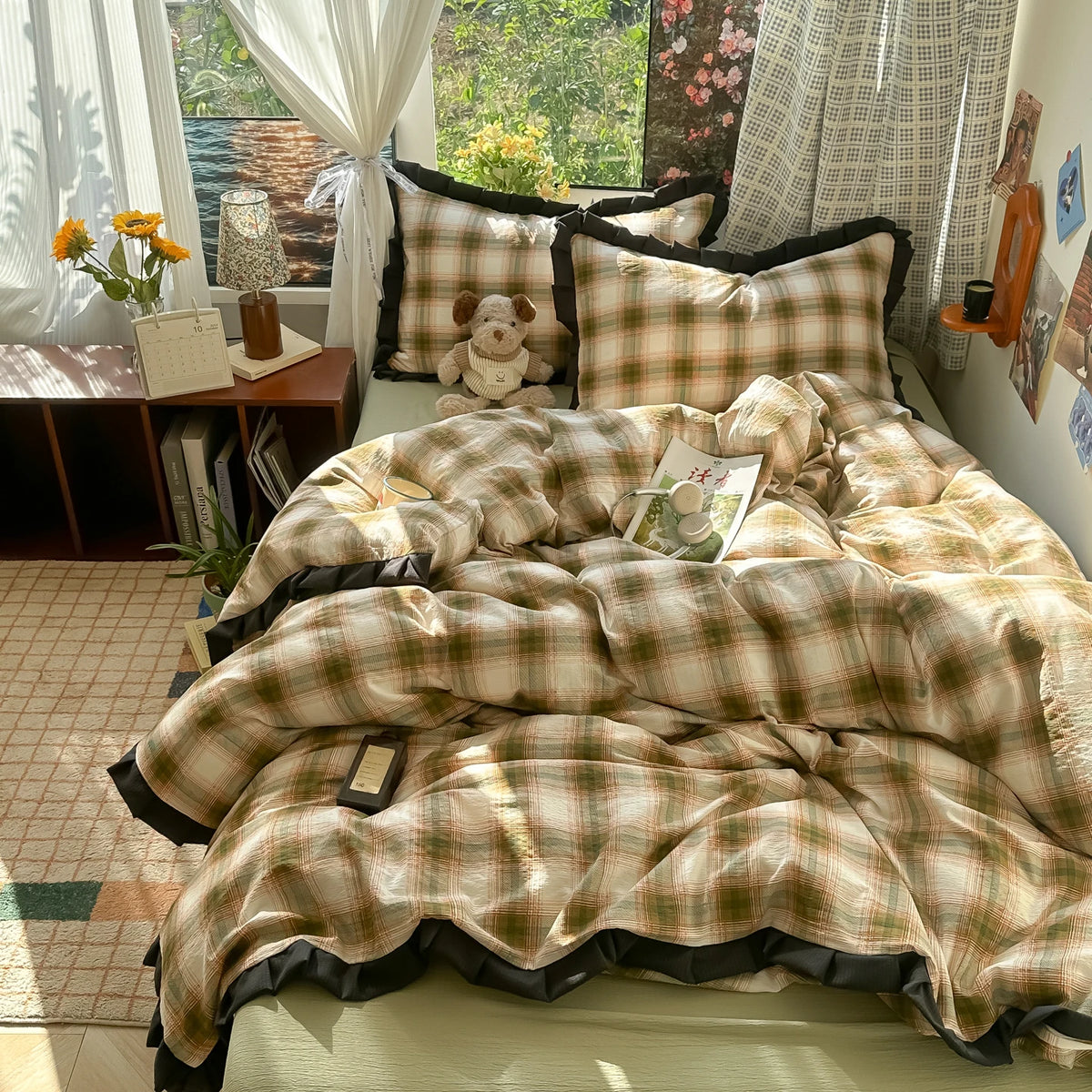 Plaid Bedding Set Double Yarn Classic Vintage Duvet Cover Set Flat Sheets Set 2 Pillowcases Single Twin Full Queen Size