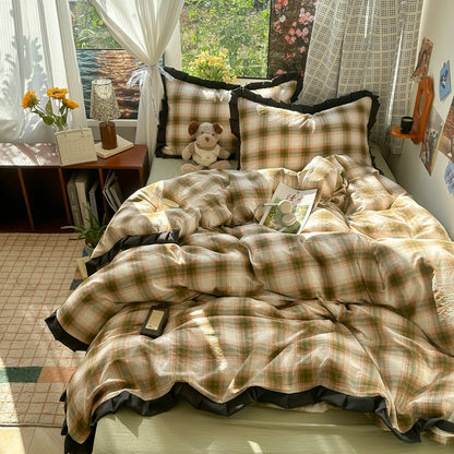 Plaid Bedding Set Double Yarn Classic Vintage Duvet Cover Set Flat Sheets Set 2 Pillowcases Single Twin Full Queen Size
