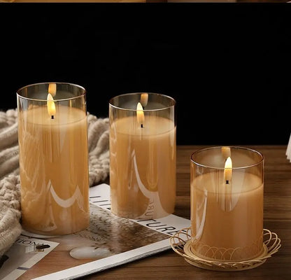 Set of 3 Flameless Rechargeable LED Candles Flickering Remote control w/charging cable Ivory/Gold/Gray Glass pillar candle lamp