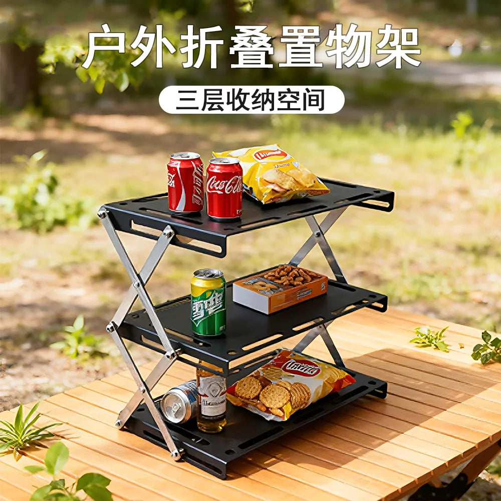 Outdoor Camping Three-Tier Shelf Wood Foldable Portable Camping Folding Table, Multi-Layer Multifunctional Storage Table