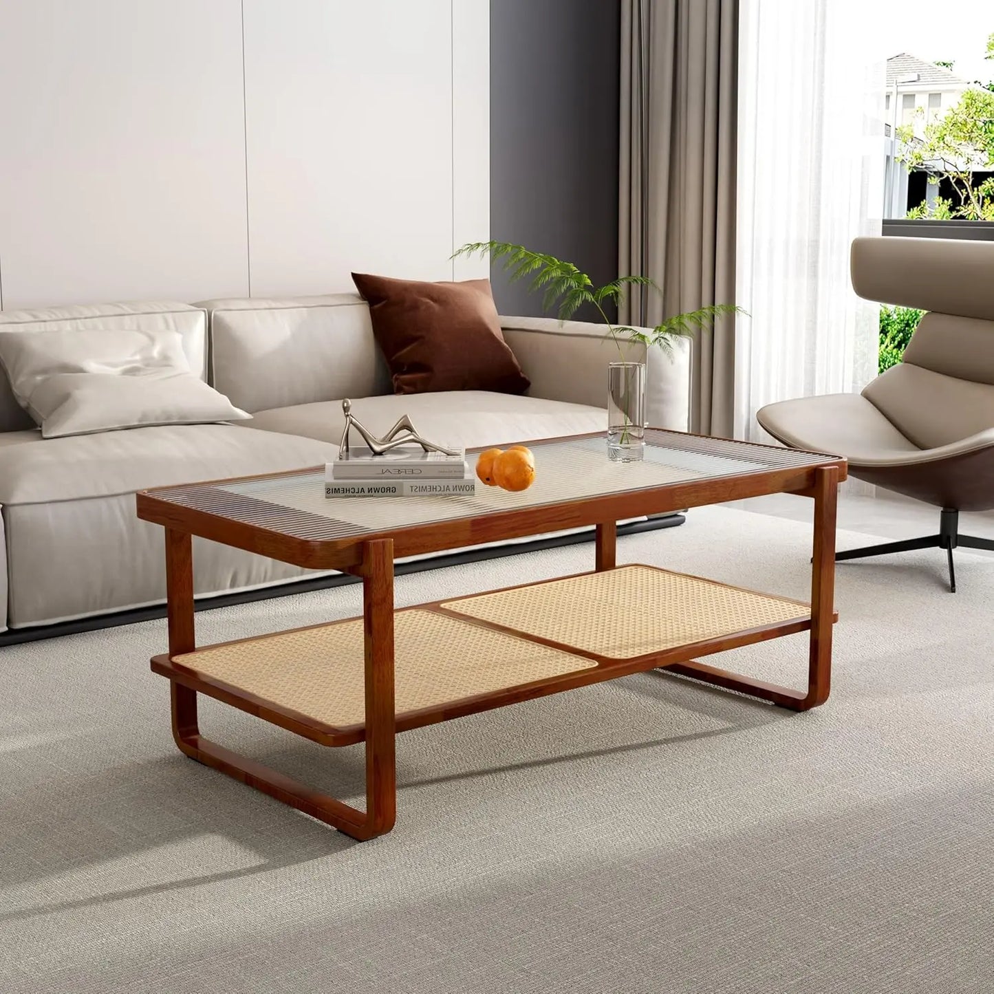 Solid Wooden Coffee , Modern Small Rattan Coffee Table with 2-Tier Storage Shelf, Rectangle Tea with Tempered Glass T
