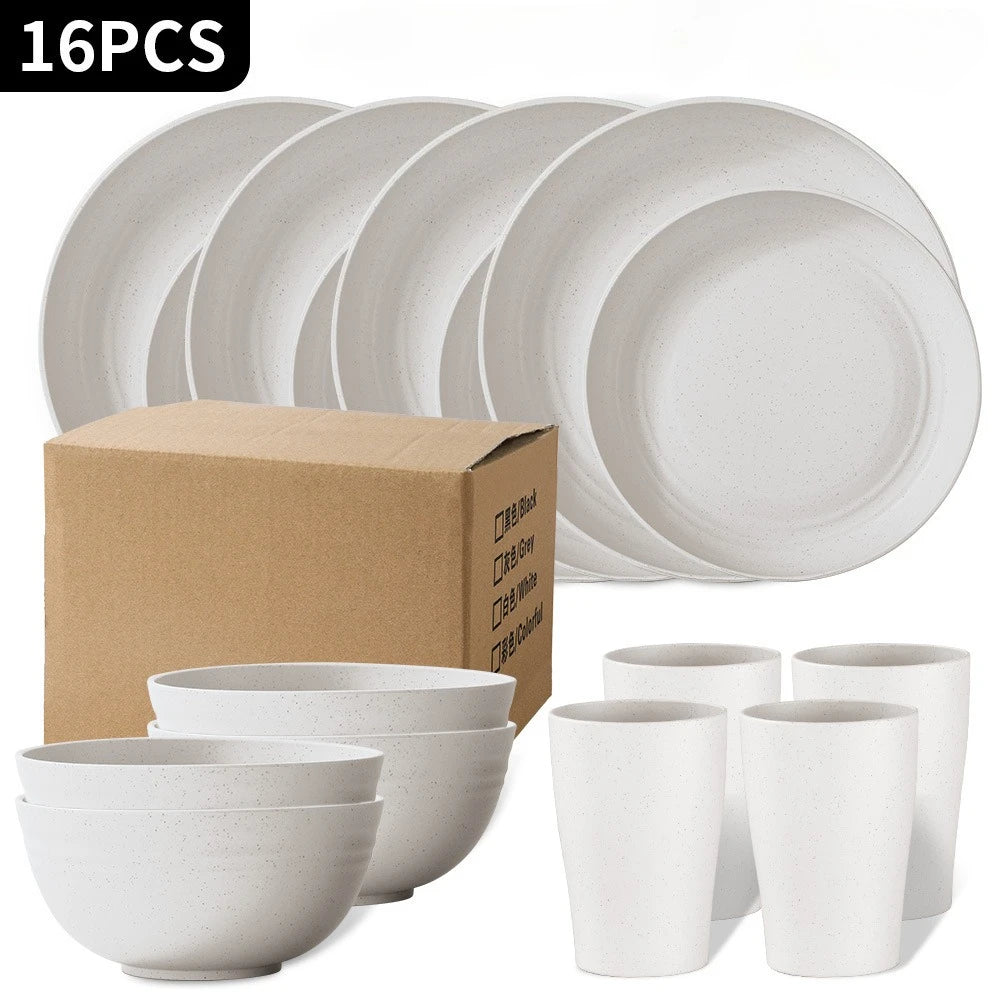 16 Piece Tableware Set Plates Bowls Cups Included For Home Family Camping Picnic Party Use Kitchen Supplies Dinnerware Set