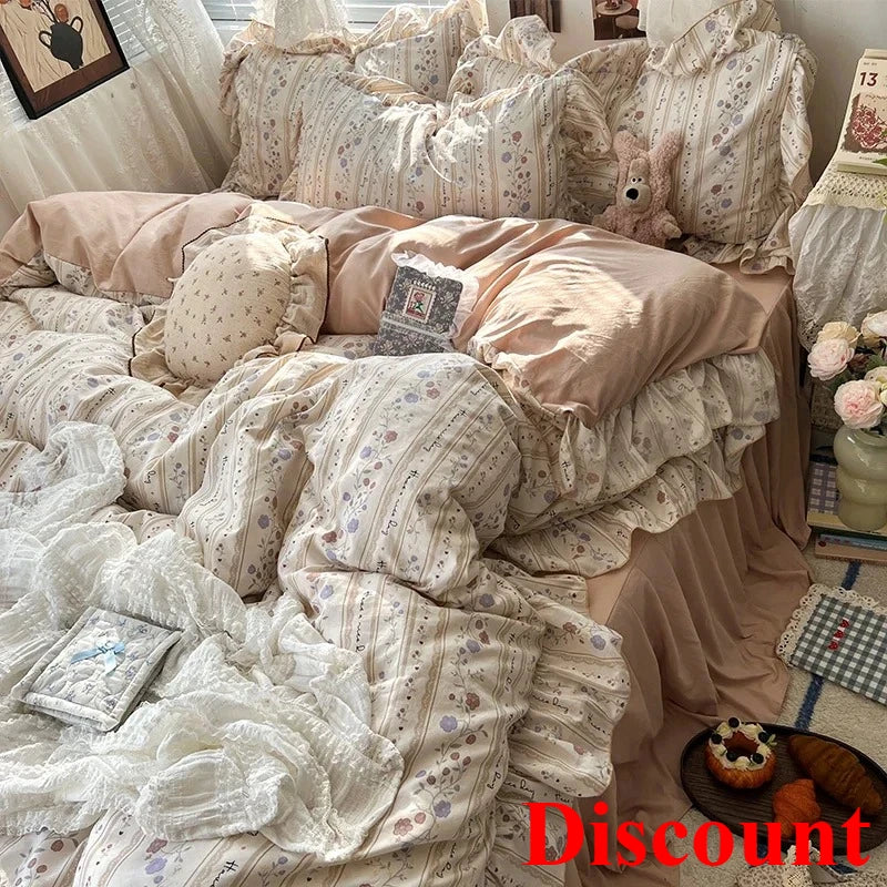 2025 new Korean Princess Style Floral Ruffles Bedding Set Skin-friendly Soft Duvet Cover Set Bed Sheet Or Bed Skirt Pillowcases