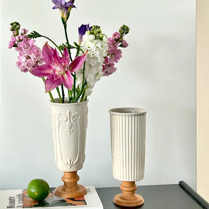 1PC French relief white creative ceramic wooden vase for living room, home and hotel decoration