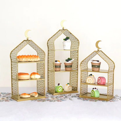 Ramadan Tabletop Decor Minaret Fruit Food Stand - Mosque-Shaped Metal Cake Dessert Holder for Islamic Festival & Home Party