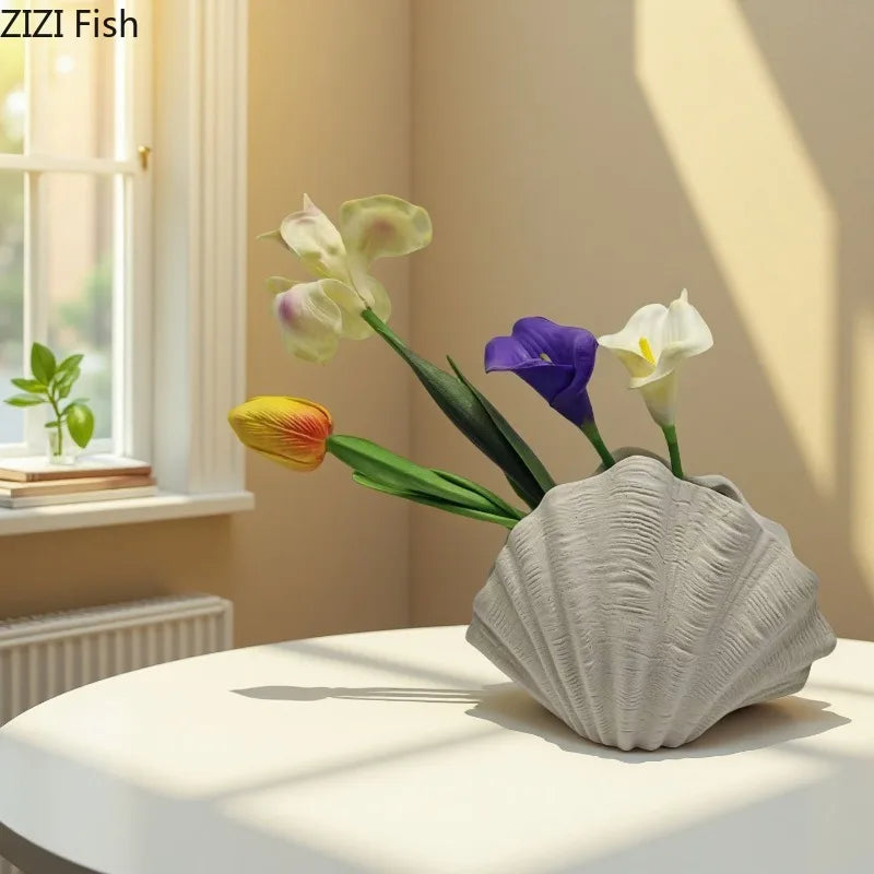 Beige Shell Ornament Ceramic Vase Flower Arrangement Dried Flower Vases Hydroponic Vase Decorative Vases Flowers Vessels Crafts