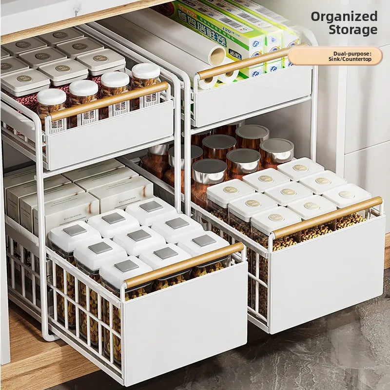 Kitchen Sink Storage Ra Multi-Functional Cabinet Pull out Basket Layered Organizer Carbon Steel Simple Modern Sle
