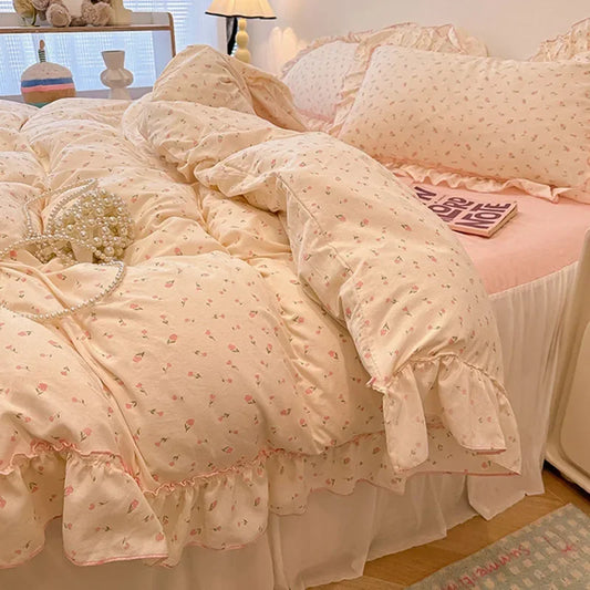 Sweet Flower Printed Bed Skirt Bedding Set Skin Friendly Cotton Nude Sleeping Comforter Cover Set Class-A Single Home Textile