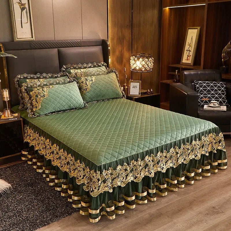 Gold Embroidery Velvet Quilted Thicken Bedspread Queen King Size Soft Warm Lace Ruffle Bed Skirt 2 Pillowcases 200x220 Green