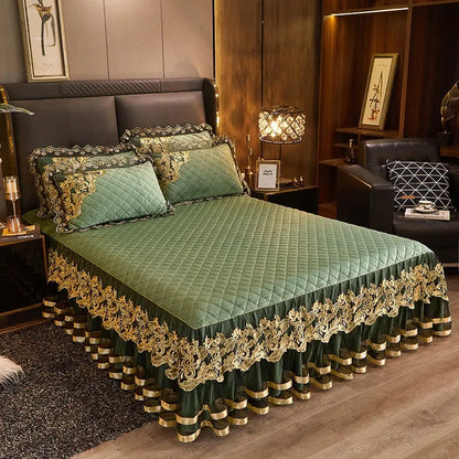 Gold Embroidery Velvet Quilted Thicken Bedspread Queen King Size Soft Warm Lace Ruffle Bed Skirt 2 Pillowcases 200x220 Green