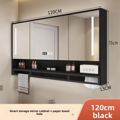 Bathroom Mirror Cabinet Wall Mounted LED Waterproof Aluminum Medicine Cabinet with Storage Shelf Towel Rod for Home Bathroom
