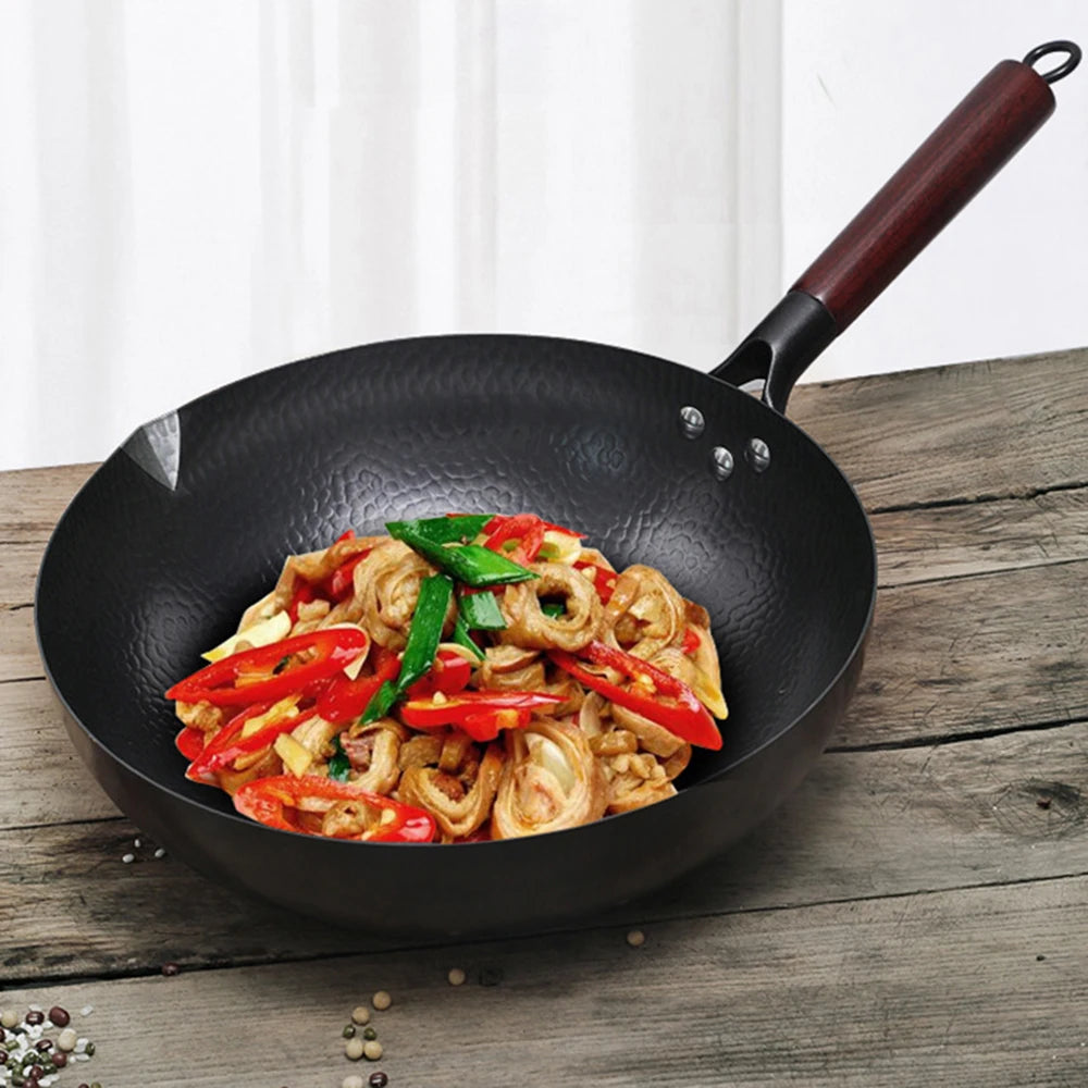 Pure Iron wok cast iron pan Non-coated Pot General use for Gas and Induction Cooker 32cm Chinese Wok Cookware Pan