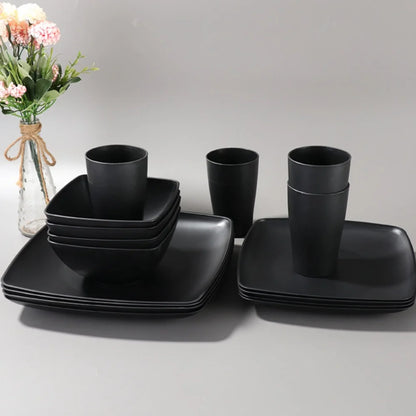 16pcs/Set Square Plastic Dinnerware Set Reusable Wheat Straw Tableware Suit Large Capacity Thickened Dinner Plate Set Salad