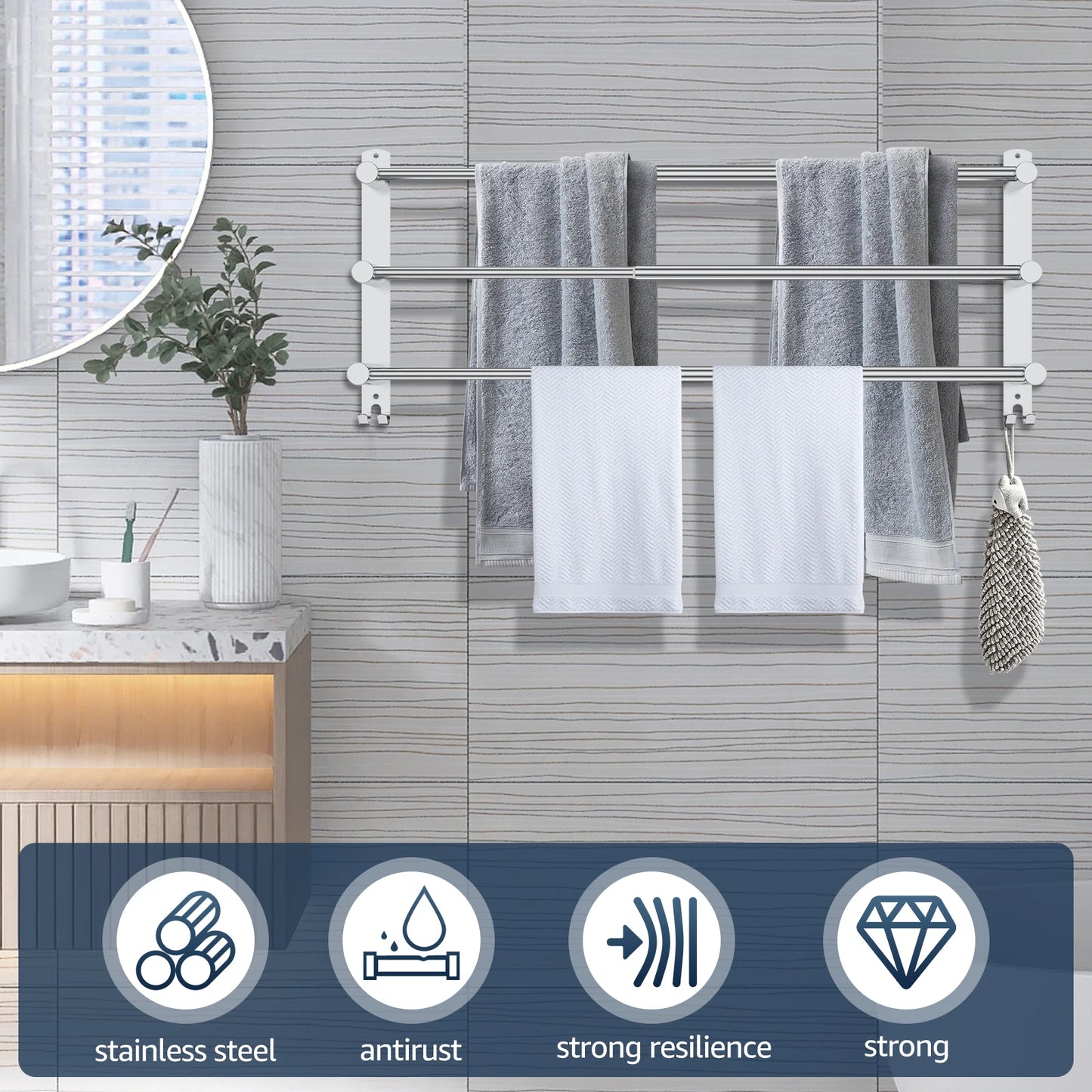 Bathroom 3 Tier Towel Shelf Stainless Steel Towel Rack with Bar Space Saving Towel Hangers Bath Storage Wall Mounted Organizer