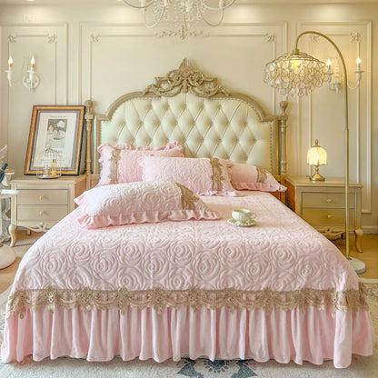 3/5Pcs Luxury Velvet Fleece Lace Ruffles Quilted Bedspread, Mattress Cover, Bed Skirt, Bed Sheet Set, With Pillowcases
