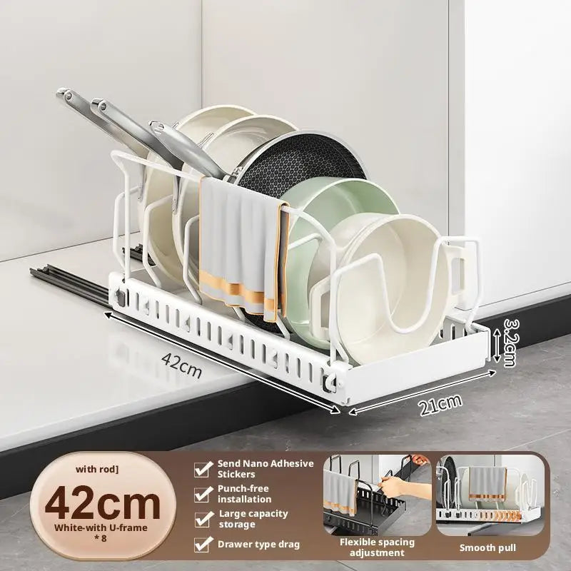 Pots and Pans Organizer Under Cabinet Sliding Pot Lid Storage Holder Kitchen Adjustable Slide Out Dish Pan Storage Rack Shelf