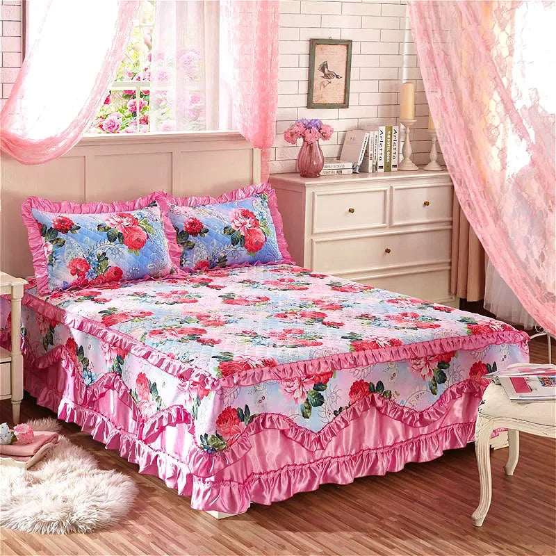 100% Cotton Thicken Quilted Bedspread King Queen Size Princess Lace Bed Skirt Pure Cotton Bed Cover Not Including Pillowcase