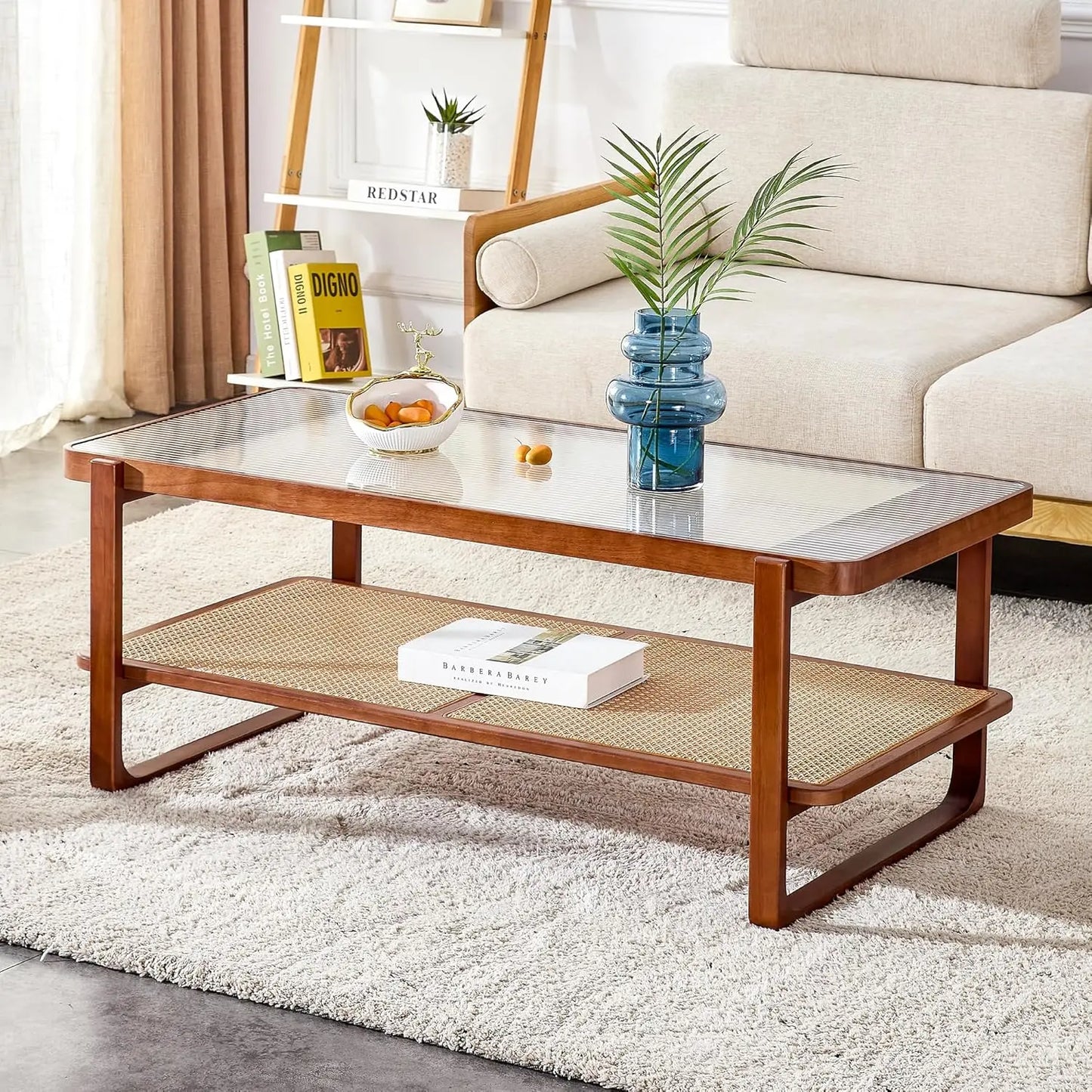 Solid Wooden Coffee , Modern Small Rattan Coffee Table with 2-Tier Storage Shelf, Rectangle Tea with Tempered Glass T