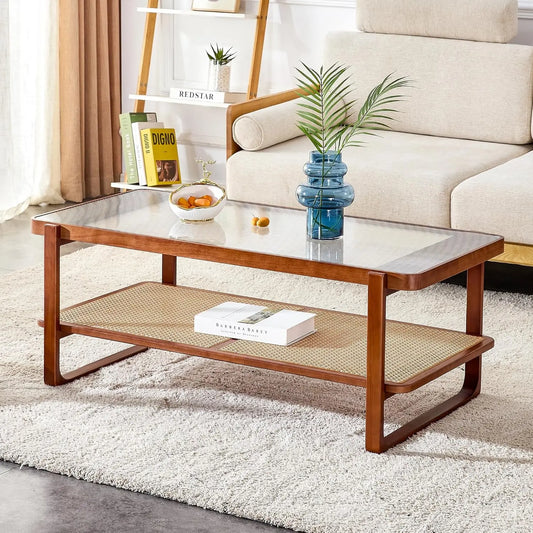 Solid Wooden Coffee , Modern Small Rattan Coffee Table with 2-Tier Storage Shelf, Rectangle Tea with Tempered Glass T